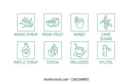 Vector set of logos, badges and icons for natural and organic products. Collection symbol of healthy products and sugar alternatives, natural substitutes