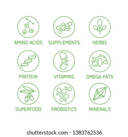 Vector set of logos, badges and icons for natural and health products. Collection symbol of healthy eating and dieting, vitamins, supplements