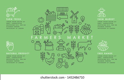 Vector set of logos, badges and icons for natural farm and health products. Collection symbol of localy grown and organic food. Concept illustration for farmers market. Infographic