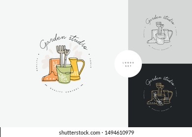 Vector set of logos, badges and icons for farmers and garden tools. Collection symbol of gardening