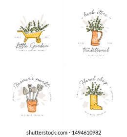 Vector set of logos, badges and icons for farmers and garden tools flowers shop. Collection symbol of gardening