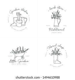 Vector set of logos, badges and icons for farmers and garden tools flowers shop. Collection symbol of gardening