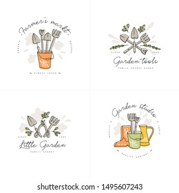 Vector set of logos, badges and icons for farmers and garden tools. Collection symbol of gardening