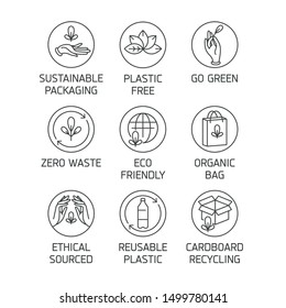 Vector set of logos, badges and icons for natural and organic products. Eco safe sign design. Collection symbol for zero waste and reusable packaging