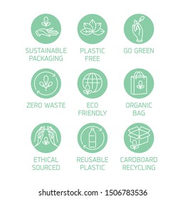 Vector set of logos, badges and icons for natural and organic products. Eco safe sign design. Collection symbol for zero waste and reusable packaging