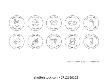 Vector set of logos, badges and icons for natural and organic products. Free from allergic products - gluten, gmo, lactose and egg free, soy, honey