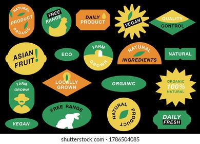 Vector set of logos, badges and icons for natural farm and health products. Collection symbol of localy grown and organic food