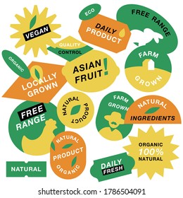 Vector set of logos, badges and icons for natural farm and health products. Collection symbol of localy grown and organic food