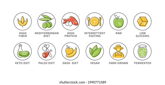 Vector set of logos, badges and icons for natural and health products. Collection symbol of healthy eating and various of dieting.