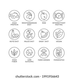 Vector set of logos, badges and icons for natural and health products. Collection symbol of healthy eating and various of dieting.