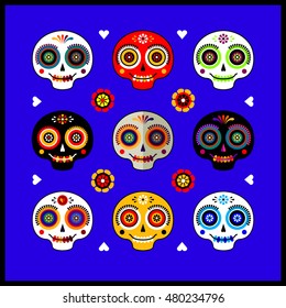 Vector set of logos in cartoon naive style with funny sugar skulls, flowers and hearts. Mexican poster. Dia de los Muertos or Day of the Dead card.