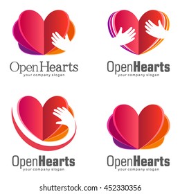 Vector Set of logos for charity. The work of volunteers. Open Hearts 