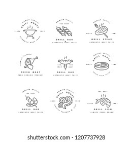 Vector set of logos design and templates for grill house. Meat emblems or badges of steak, sausage. fish and other types of meat
