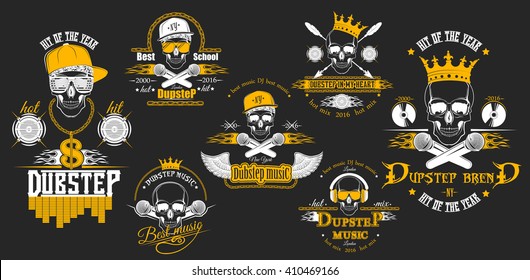 Vector set of logos for dubstep music style. Logo for t-shirts, music posters, music symbol.