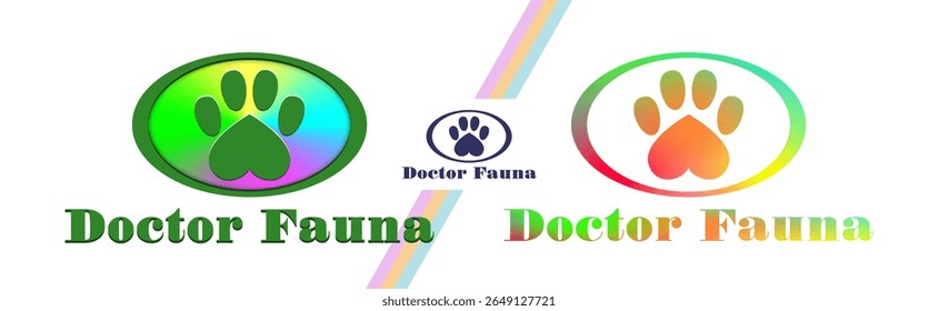 Vector set of logos and emblems. Doctor Fauna. Oval and stylistic animal paw, heart. Collection of gradient icons or badges. Veterinary clinic symbol