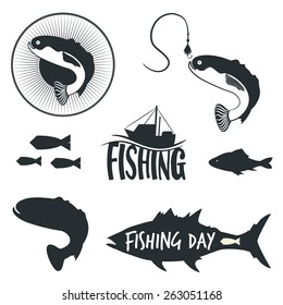 Vector set of logos, emblems, labels and badges with fish. Fishing, boat, hook