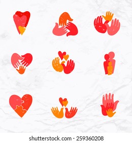 Vector set of logos with hand, heart, bird, palm elements. Design template and concept of love, family, friendship, childhood, charity, local and global community, help, awareness, society.