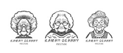 Vector Set Of Logos Or Icons. Japanese Cute Kawaii Granny. Elderly Beautiful Woman With Glasses. White Isolated Background.