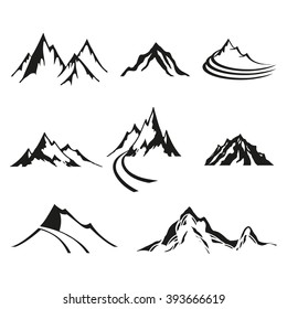 Vector set of logos isolate mountains, black silhouettes on white background.