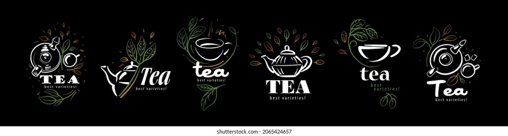 Vector set of logos with a painted teapot, a cup of tea and leaves