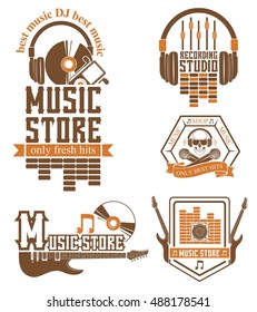 Vector set of logos for the recording studio and music shop. Graphic design concept with a silhouette of a guitar, skull, headphones, equalizer, note. 