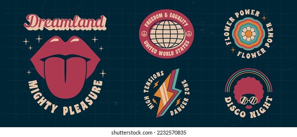 Vector set of logos in Retro Groovy style. Woman lips, Disco, Flower, Thunder emblems. 1970s logo design. Print for t-shirt, banner, poster, cover, badge and label. Retro 70's typography design.