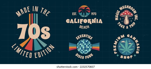 Vector set of logos in Retro Groovy style. Mushroom, Disco, California, Cannabis emblems. 1970s logo design. Print for t-shirt, banner, poster, cover, badge and label. Retro 70's typography design.