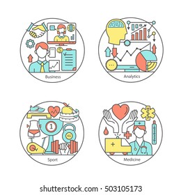Vector set of logos sport, business, medicine, analytics. Modern thin line icons. The modern concept of a collection of vectors. Unique design elements for your company. 