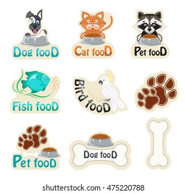 Vector set of logos, stickers, badges, dog and cat food, nutrilon for bird and fish. A picture of a puppy, kitten, fish, raccoon, and a cockatoo in a cartoon abstract design.