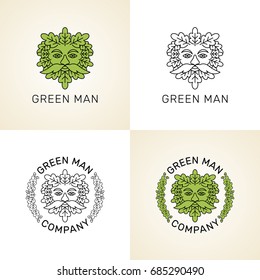 Vector Set Of Logos. Stylized Green Man Head With Oak Leaves.