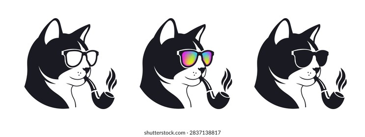 Vector set logotype. Simple graphic portrait of cat with smoking pipe and brightly colored sunglasses. Isolated background. Corporate style. Logo or emblem. Puss and bad habit