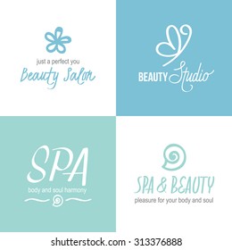 Vector set of logotypes for beauty or hairdressing salon, studio, spa, cosmetician. Hand drawn fonts and design elements.