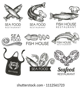Vector set with logotypes for restaurant. Sea food, fish food.