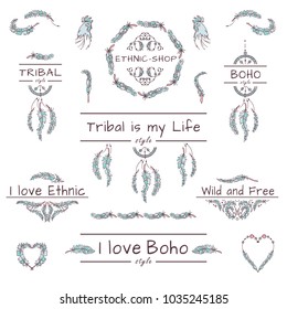 Vector set of logotypes, sign, emblem. Perfect for labels, banners, headers, dividers for shops, sites or blogs in boho, ethnic or tribal style. Colored elements: bird feathers, dreamcatchers, beads 

