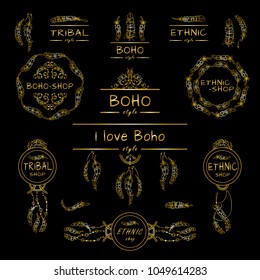 Vector set of logotypes, sign, emblem. Perfect for labels, banners, headers, dividers for shops, sites or blogs in boho, ethnic or tribal style. Gold elements: bird feathers, dreamcatchers, beads 