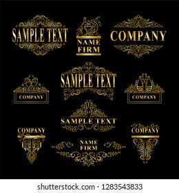 Vector set of logotypes, sign, emblem and monogram for company. Good for labels, menu, banners for site. Hand drawn sketch collection: vine, grapes, bottles of wine, glass, candles. Premium gold style