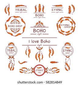 Vector set of logotypes, sign, emblem. Perfect for labels, banners, headers, dividers for shops, sites or blogs in boho, ethnic or tribal style. Colored elements: bird feathers, dreamcatchers, beads 