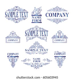 Vector set of logotypes, sign, emblem and monogram for company. Good for labels, menu, banners. Hand drawn sketch collection: vine, grapes, bottles of wine, glass, candles. Blue watercolor style 