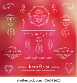 Vector set of logotypes, sign, emblem. Perfect for labels, banners, headers, dividers for shops, sites or blogs in boho, ethnic or tribal style. White elements: bird feathers, dreamcatchers, beads 