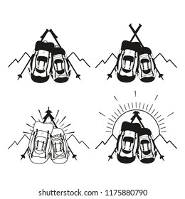 Vector set of logotypes for travelling, adventure, trekking, sport cloth or national park brochures. Backpacks with sun, mountains, marching sticks