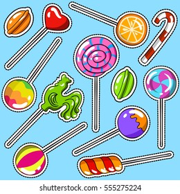 vector set of lollipops in a cartoon style. Kids stickers with candy and caramels. hand drawn colorful sweets