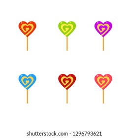 Vector set of lollypops of different colors in the shapes of hearts. Bright candies. Cute cartoon sweets for the Saint Valentine's Day