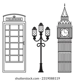 Vector set of London attractions. a set of vector silhouette illustrations of the sights of London, England.
