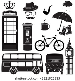 Vector set of London attractions. a set of vector silhouette illustrations of the sights of London, England.