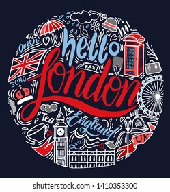 Vector set of London city.  London landmarks weather and english traditions symbols vector illustration. For travel card, poster, print design, t-shirt design.  Handdrawn conceptual illustration.