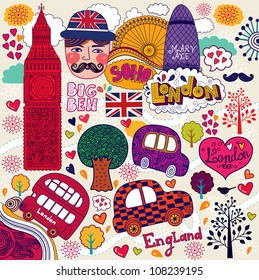 Vector set of London symbols and hand lettering of main place in town. Welcome in London.