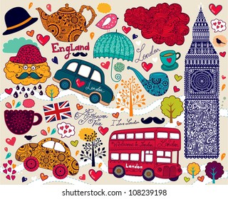 Vector set of London symbols and hand lettering of main place in town. Welcome in London.