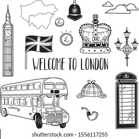 Vector Set Of London Symbols. Hand Drawn Illustration Isolated In White Background. Sherlock Holmes Hat, Queen Crown, British Pound Coin, Police Hat, Big Ben, Street Lamp, Phone Booth, UK Flag.