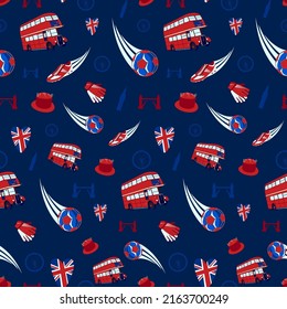 Vector set of London symbols. Welcome to London. Hand drawn vector seamless pattern with Big Ben and red bus. Pattern background with London landmarks and Britain symbols vector illustration