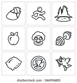 Vector Set of Long Life Icons. Pulse, Motion, Nature, Vitamins, Laugh, Sport, Sleep, Sobriety, Love. Heart, Man, Lake, Forest, Apple, Clown, Barbell, Pillow, Prohibition Alcohol, Cupid